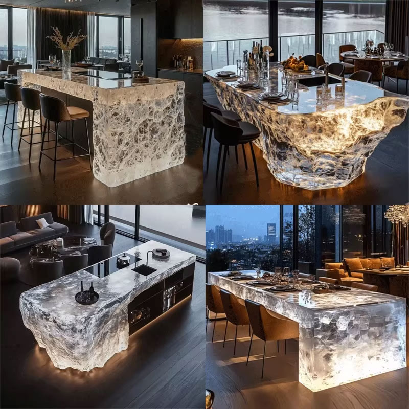 Villa high-end crystal resin luminous island counter custom hotel front desk transparent glacier bar front desk art tea table
